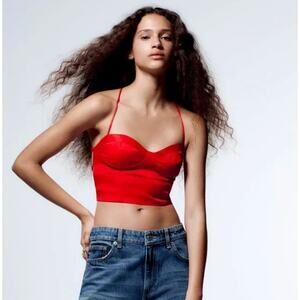 Zara Red Satin Corset Lace-Up Strappy Tie Back Crop Top Size S